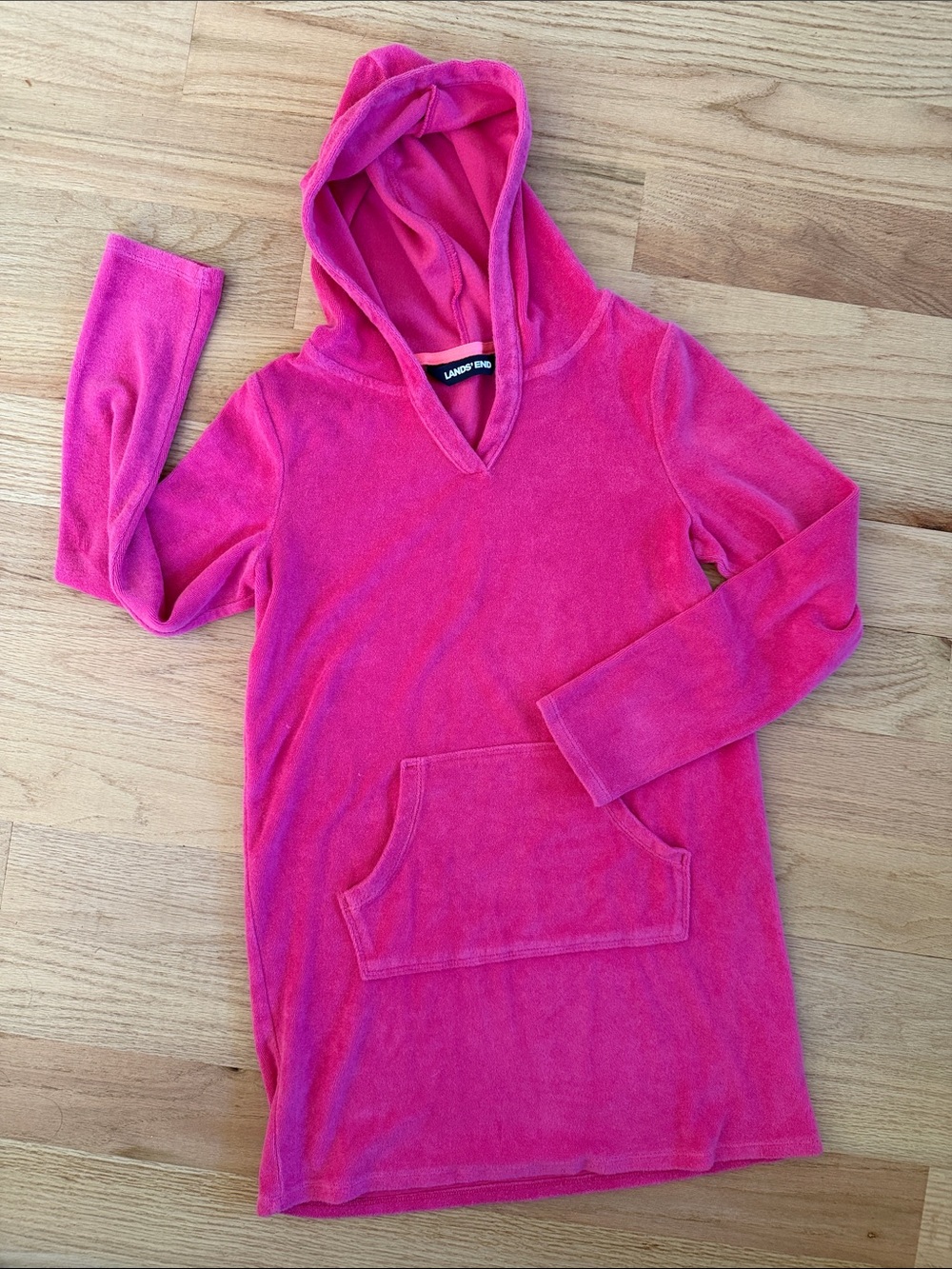 Lands End Girls Pink Hooded Towel Hoodie Swim Cover up M 10/12